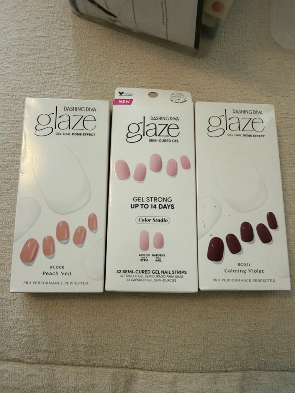 Dashing Diva Glaze Semi-Cured Gel Nail Strips - Peach Veil, Pink, Calming Violet